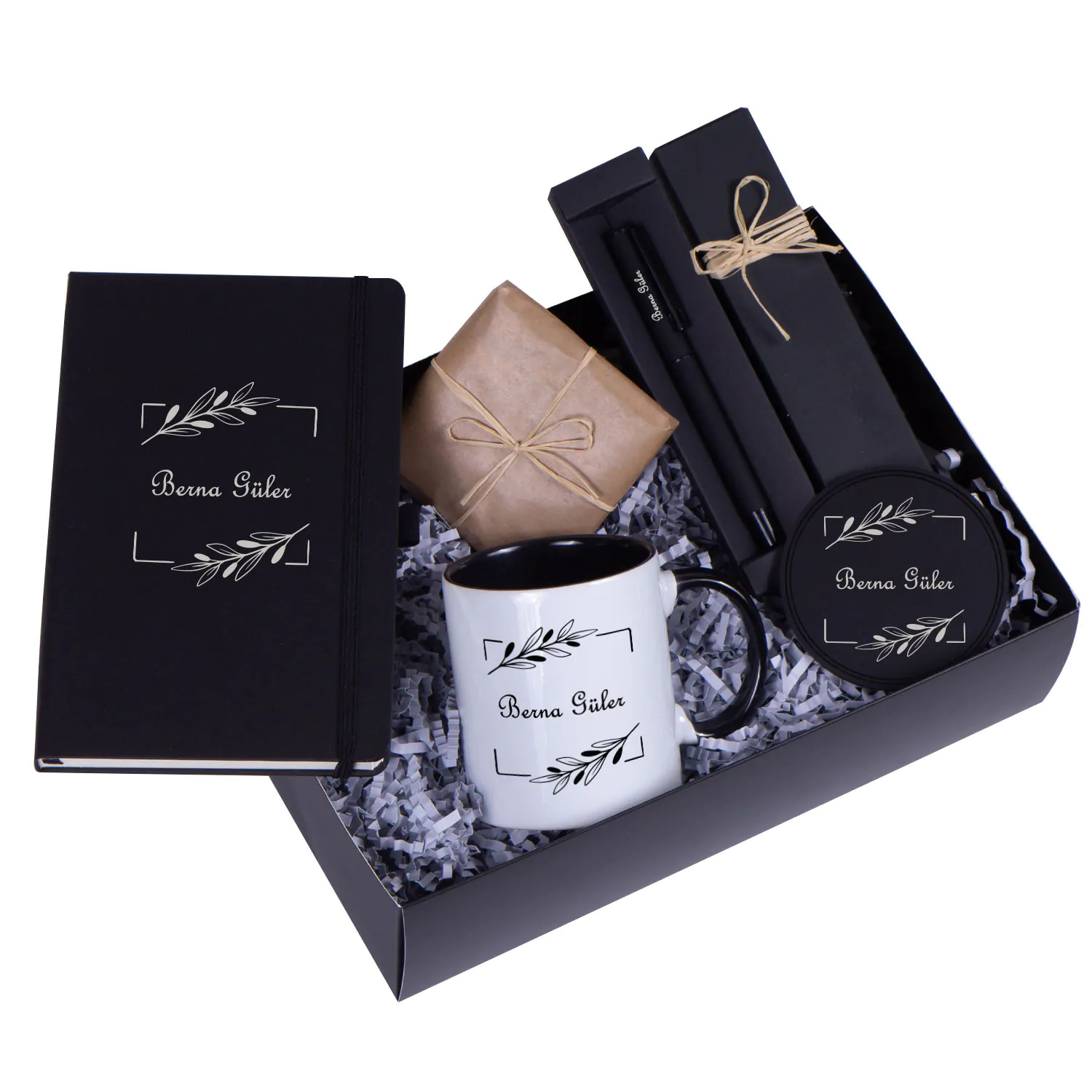 Kişiye Özel Siyah Ajanda Kupa Kalem Çikolata Hediye Seti - Görsel 1