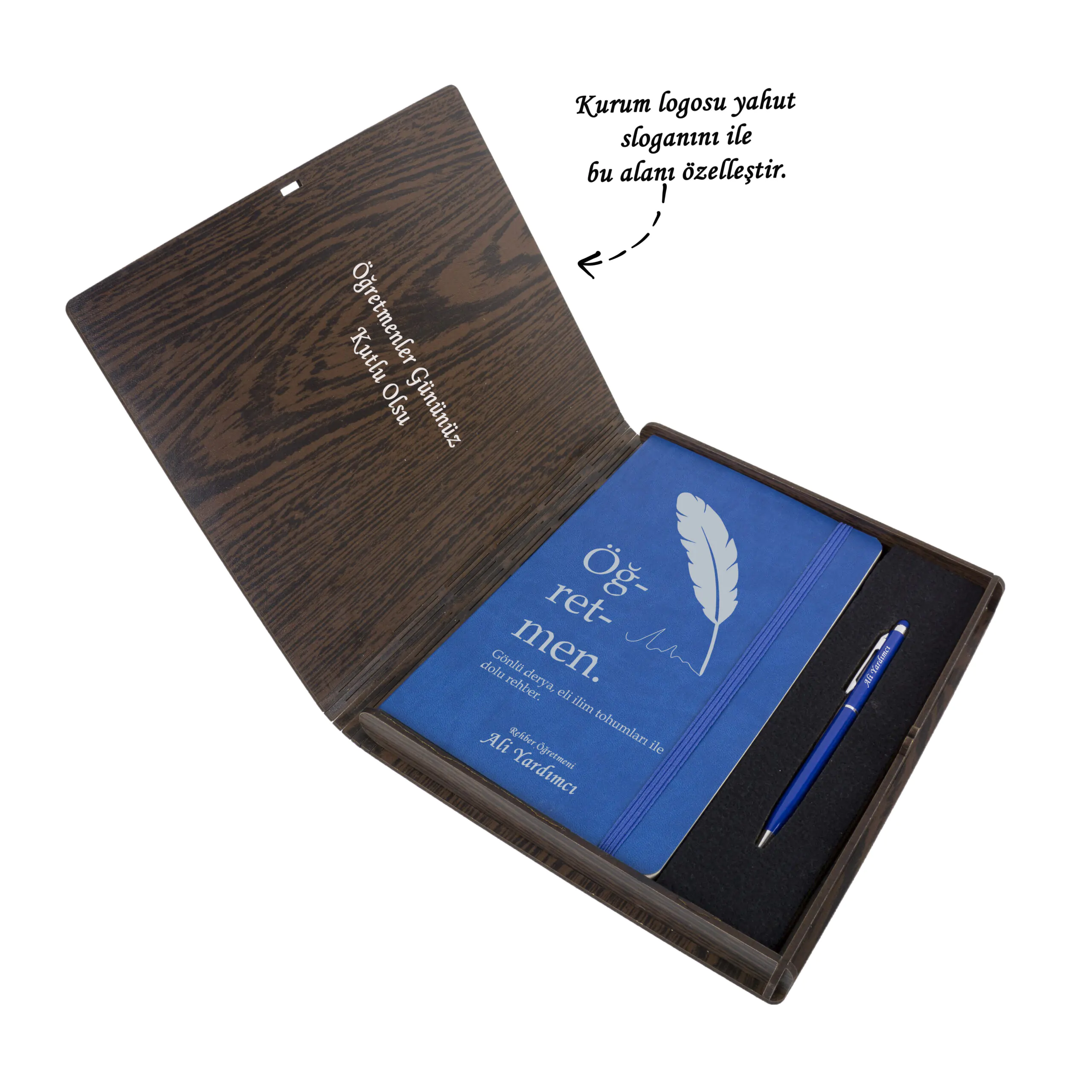 mavi-1-scaled-1.jpg Kitap Formunda Ahşap Kutuda Öğretmen Tasarımlı Ajanda-Kalem Seti - Görsel 1