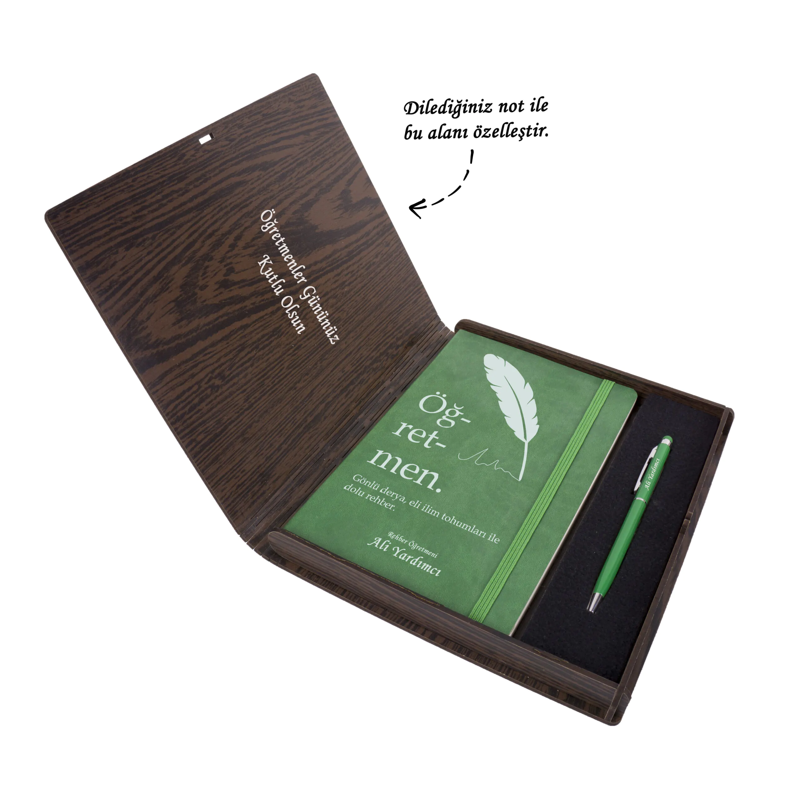 yesil-scaled-1.jpg Kitap Formunda Ahşap Kutuda Öğretmen Tasarımlı Ajanda-Kalem Seti - Görsel 1