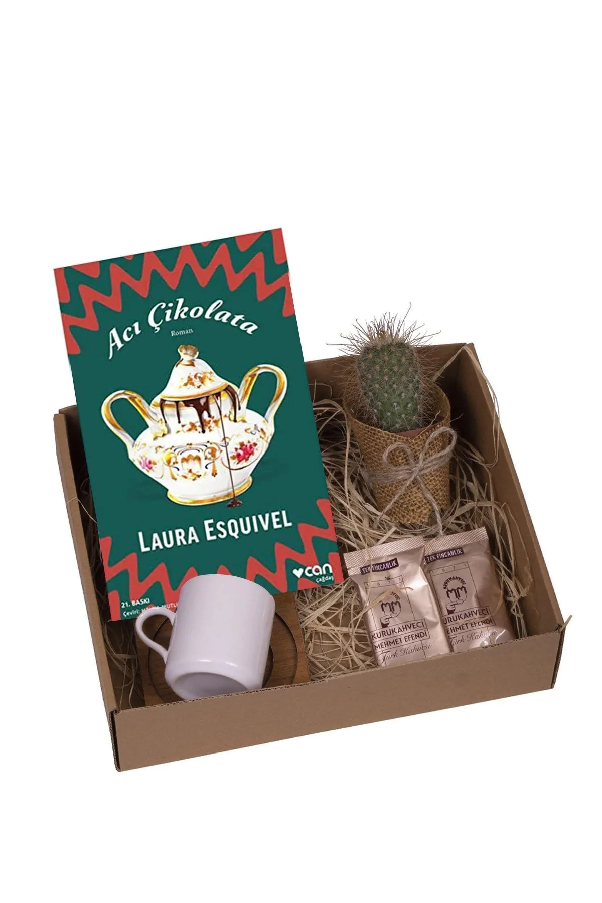 Acı Çikolata Seti / Kahve Fincanı- Canlı Çiçek - Kitap Ve Kahve Hediye Kutusu - Görsel 1
