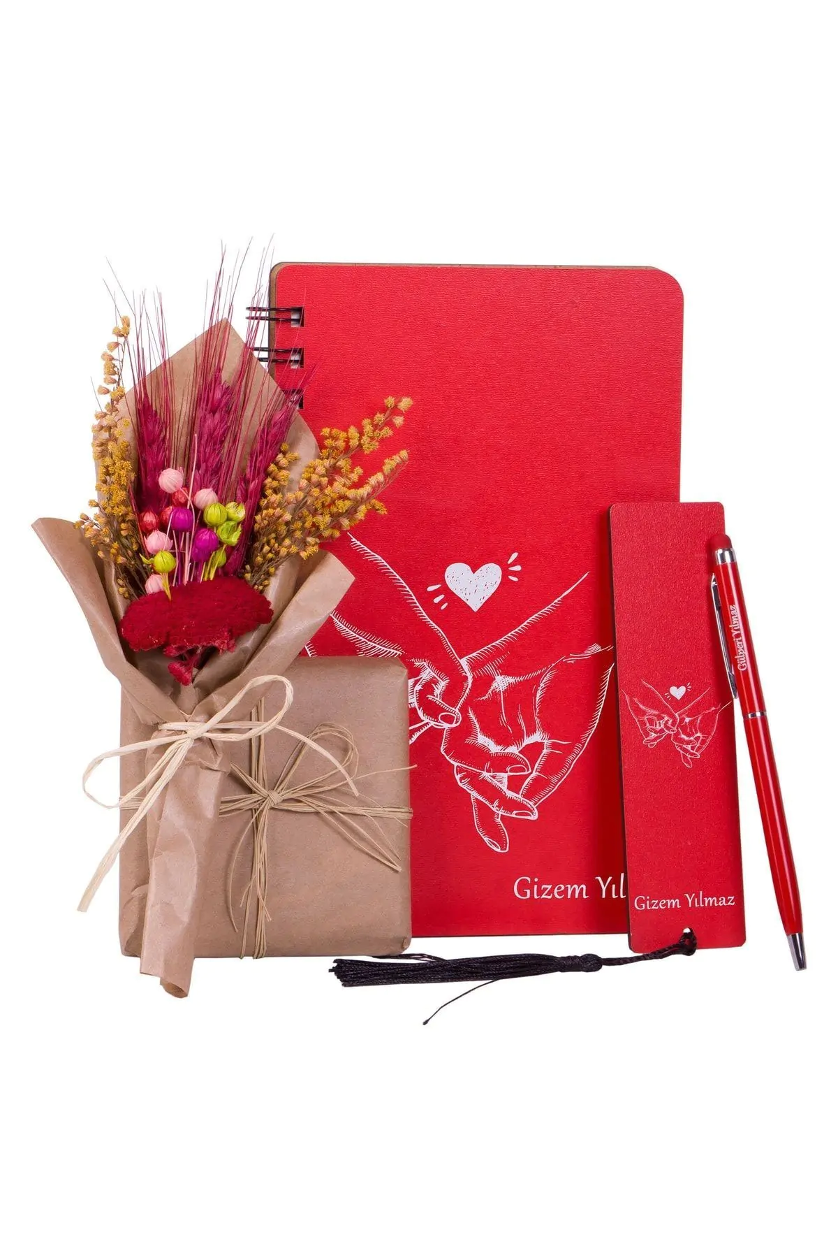 14 Şubat Hediyesi Kişiye Özel Ahşap Defter Kalem Ayraç Çikolata Ve Çiçek Buketi Seti - Görsel 2